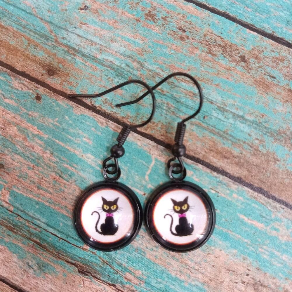 Black Cat Earrings Halloween Dangles Art Under Glass
